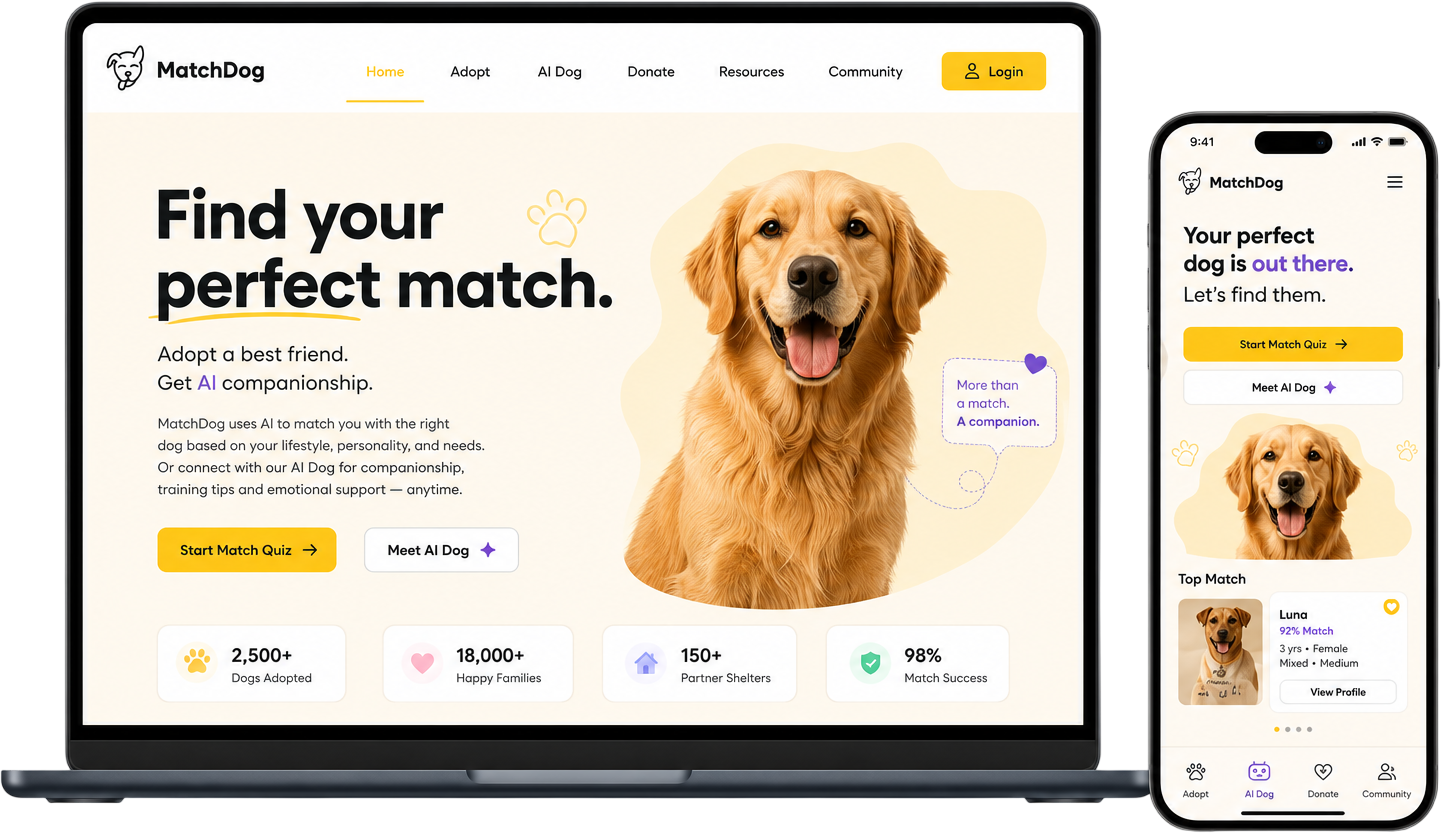 MatchDog adoption website and app hero mockup